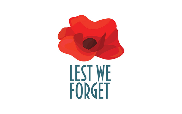 Red poppy with the caption: Lest We Forget